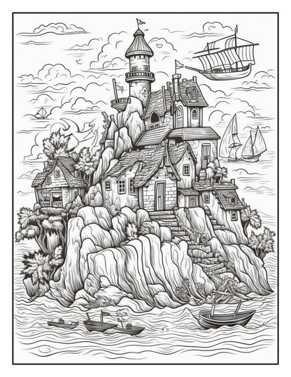 Fantasy Islands Adult Coloring Pages by Old Hippy