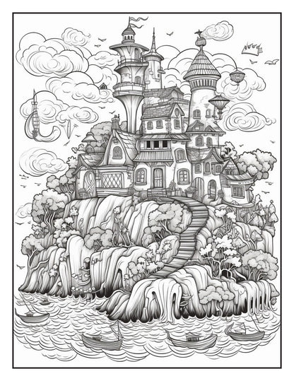 Fantasy Islands Adult Coloring Pages by Old Hippy