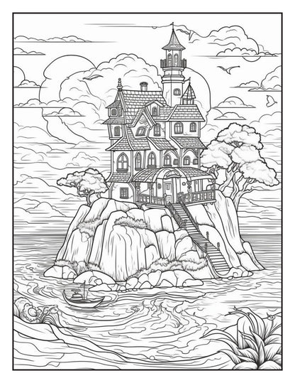 Fantasy Islands Adult Coloring Pages by Old Hippy