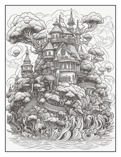Fantasy Islands Adult Coloring Pages by Old Hippy