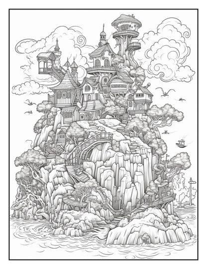 Fantasy Islands Adult Coloring Pages by Old Hippy