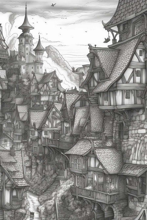Fantasy Villages Adult Coloring Pages