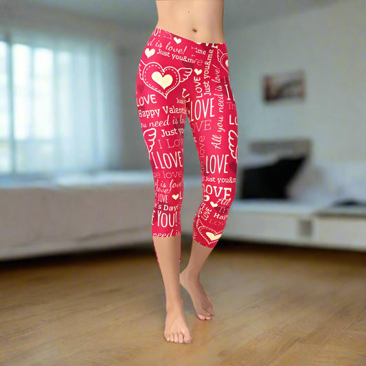 Love Hearts Red Capri Leggings