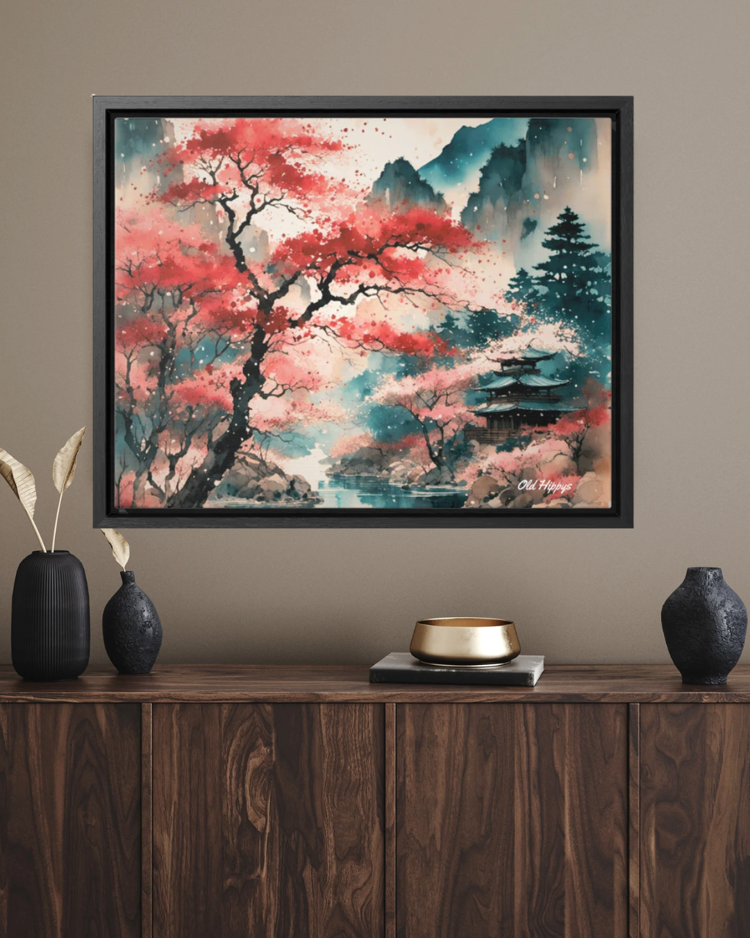 Fall in Japan Watercolor Wood Framed Canvas Wrap