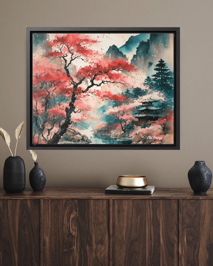 Fall in Japan Watercolor Wood Framed Canvas Wrap