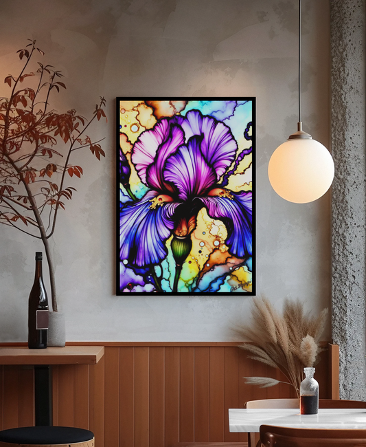 Stained Glass Iris Wood Framed Canvas