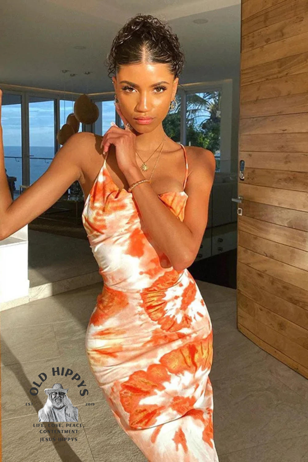 Sunset Tie Dye Beach Satin Slit Backless Sleeveless Dress