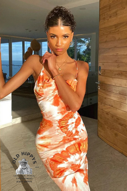 Sunset Tie Dye Beach Satin Slit Backless Sleeveless Dress
