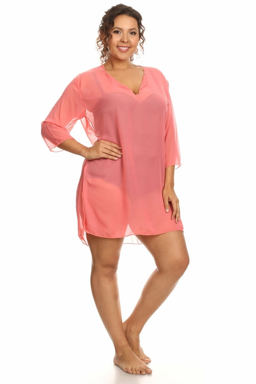 Plus Size Chiffon Long Sleeve Swimwear Cover-up Beach Dress Made in